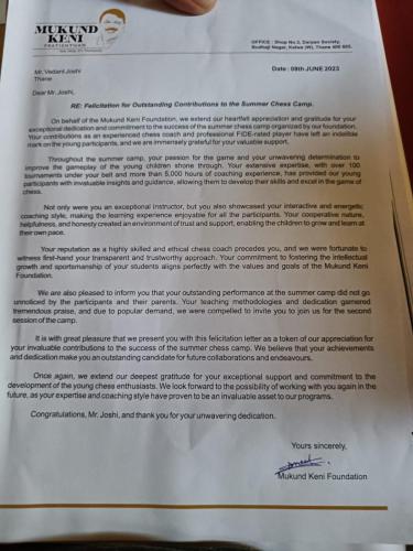 Mukund Keni foundation summer camp appreciation letter