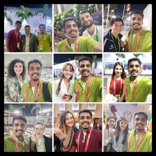 Vedant Joshi in Olympiad 2022 along with Georgian Grand Master Baadur Jobava and FIDE Fair Play Commission secretary Bojana Bejatovic and woman FIDE Master Alexandra Samaganova, Four-time Women's Chess Champion and Woman Intl. Master Lena Miladinovic Founder & CEO of Outpost Chess and along with Bulgarian & Argentinian Olympiad team